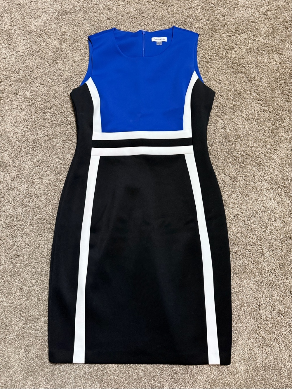 Calvin Klein Royal Blue, Black and White Colorblock Midi Sheath Dress